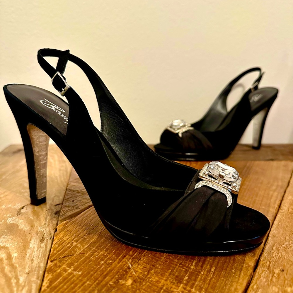 Beverly Feldman. Black suede. Black taffeta. Crystal heels. Size 7.5 sling back.